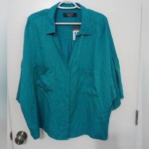 PRIMARK BUTTON DOWN AQUA GREEN LINEN BLEND CROPPED BLOUSE W SHORT DROP SLEEVE 16